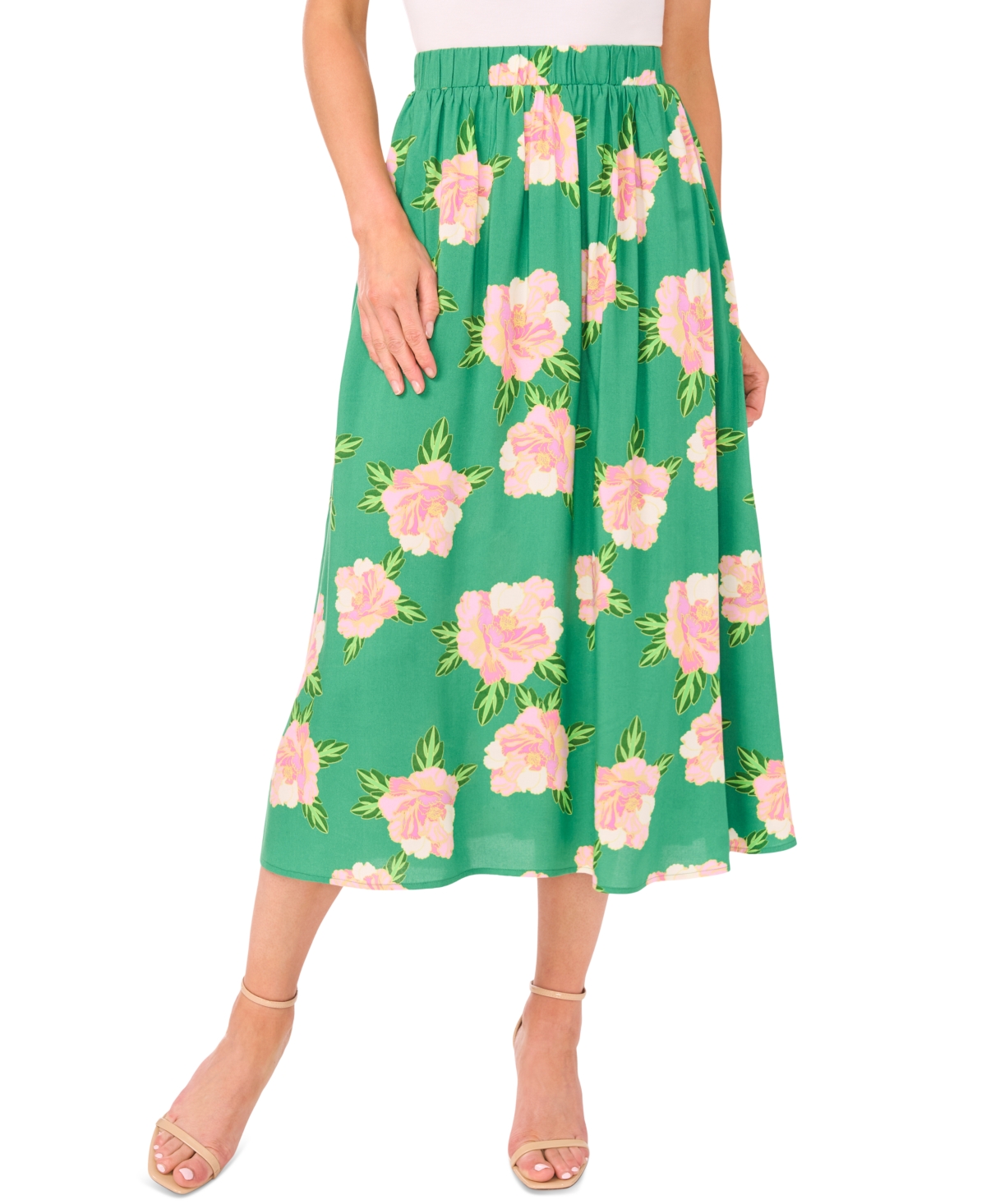Women's Floral Pull-on Midi Circle Skirt - Medium Green