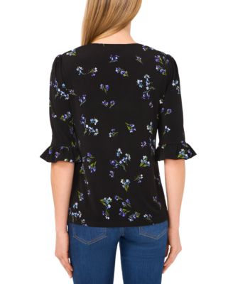 Women's Printed V-Neck 3/4-Ruffle-Sleeve Top 