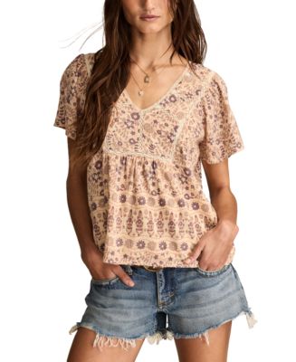 Lucky Brand Women's Geo Lace Trim V-Neck Ruffle Hem Cotton Tank Top
