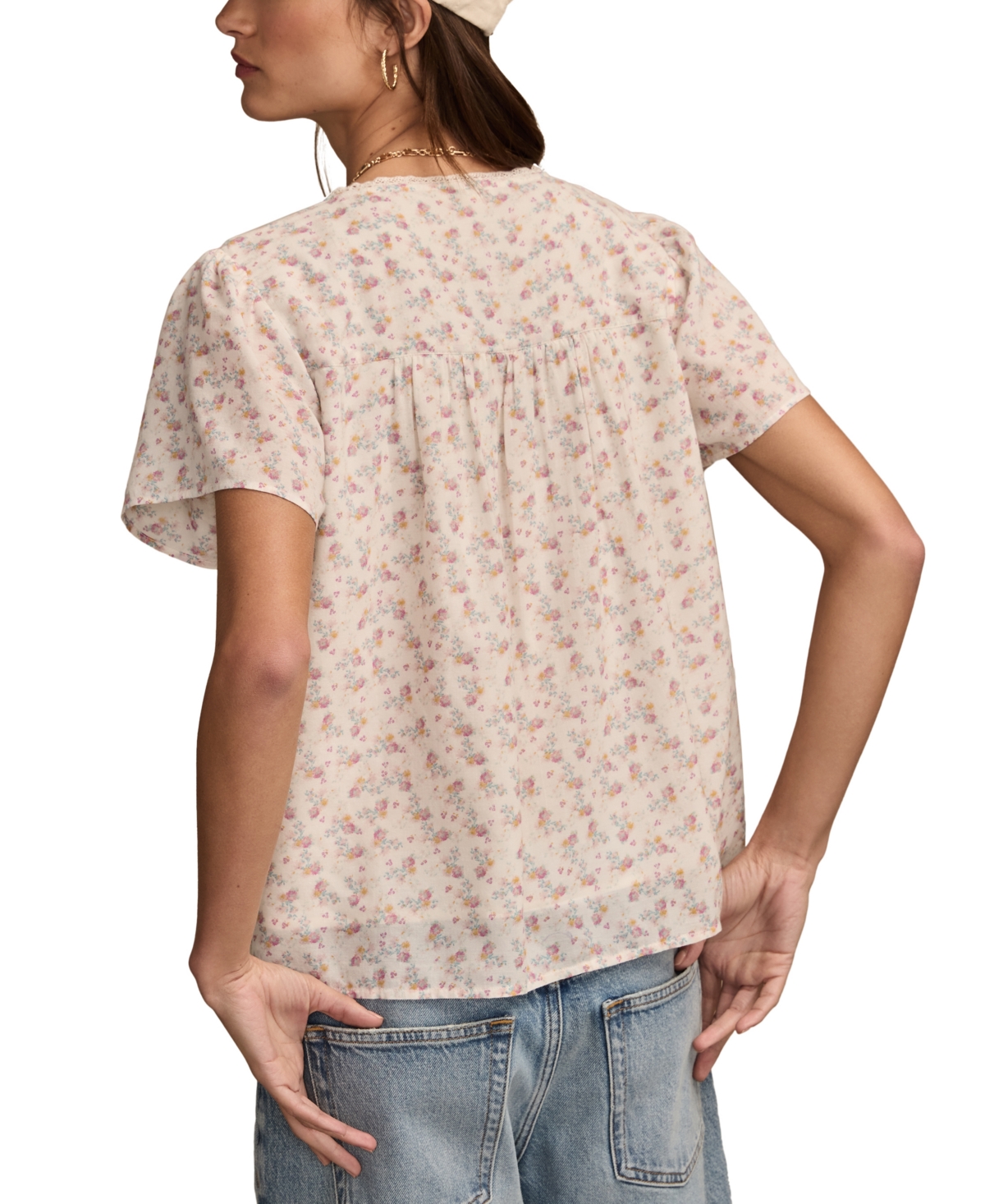Lucky Brand Pintuck Lace Trim Cotton Peasant Top