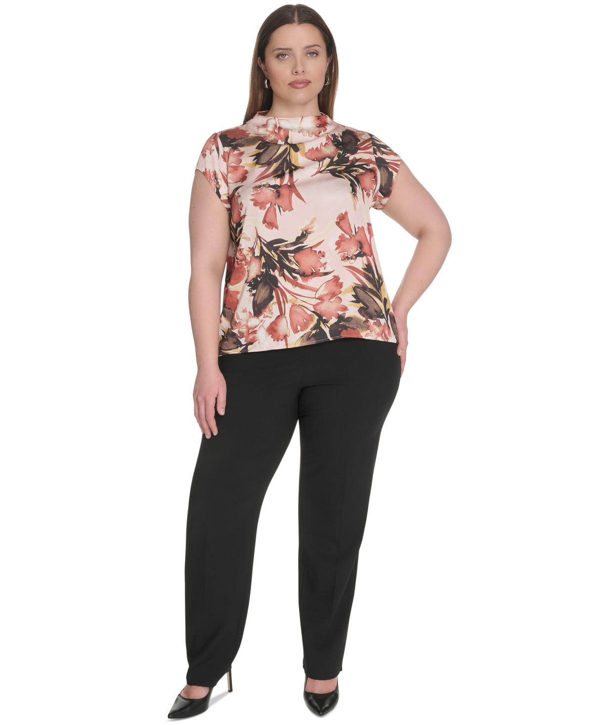 Calvin Klein Plus Size Printed Mock-neck Cap-sleeve Top In Multi