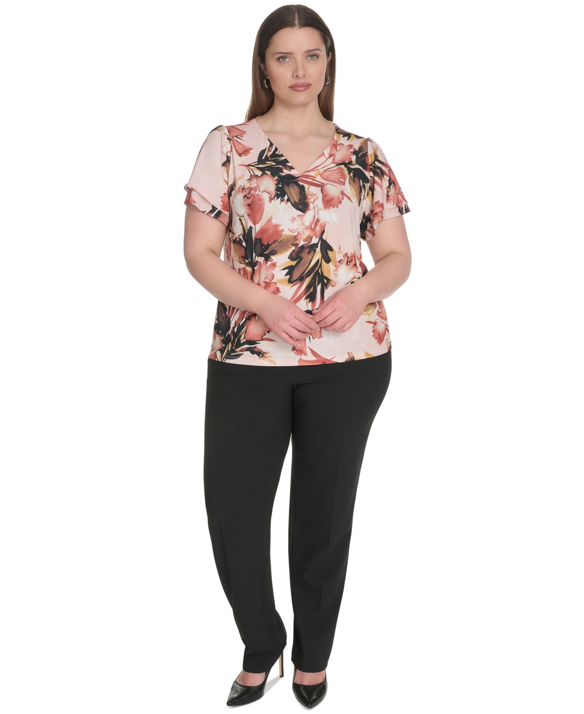 Calvin Klein Plus Size Placed-print Flutter-sleeve Top In Brown