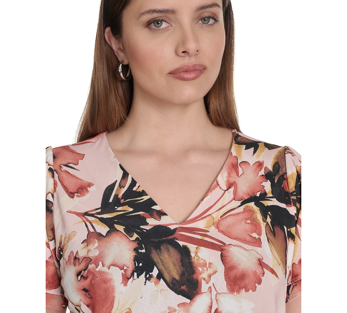 Calvin Klein Plus Size Placed-print Flutter-sleeve Top In Brown