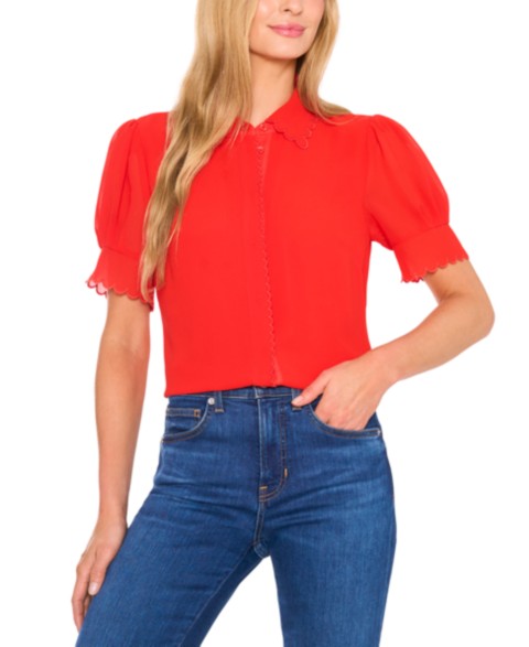 Женские платья CeCe Women's Scalloped Puff-Sleeve Button-Front Top