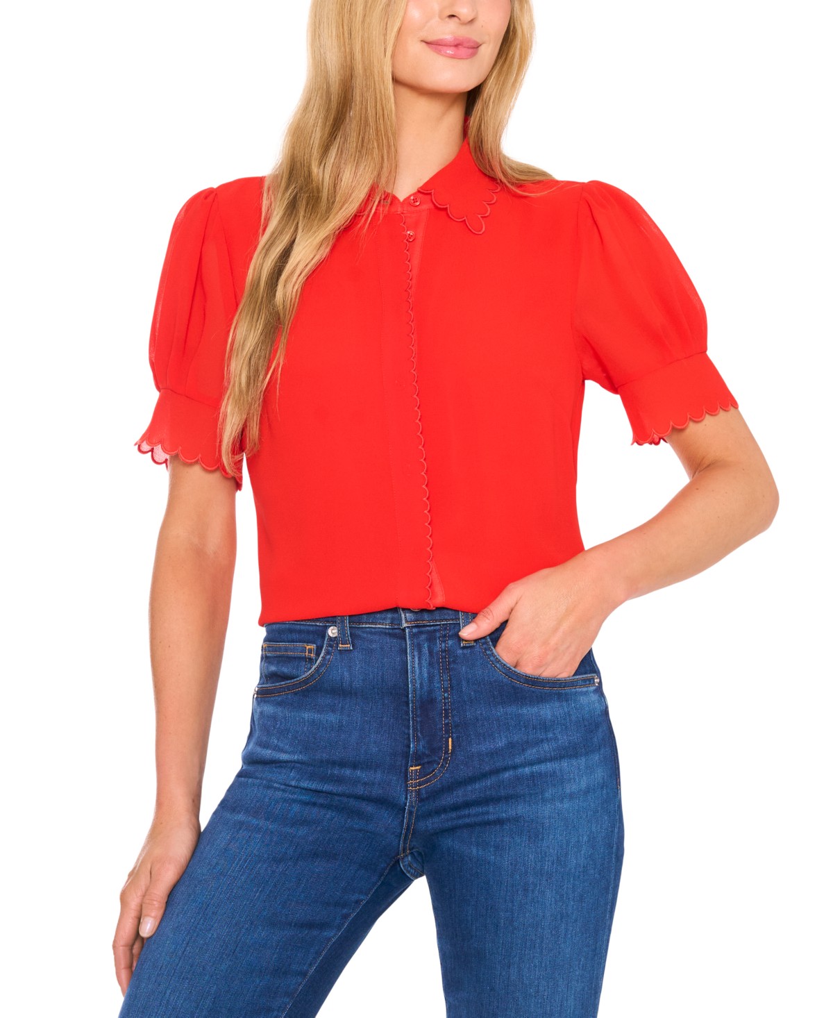 Женские платья CeCe Women's Scalloped Puff-Sleeve Button-Front Top — фото 1