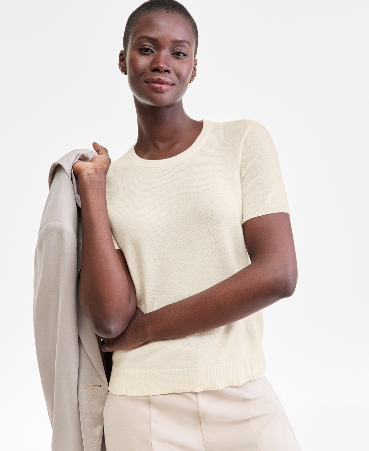 Charter Club Women's 100% Cashmere Crewneck Short-sleeve Sweater, Macy's Exclusive In White