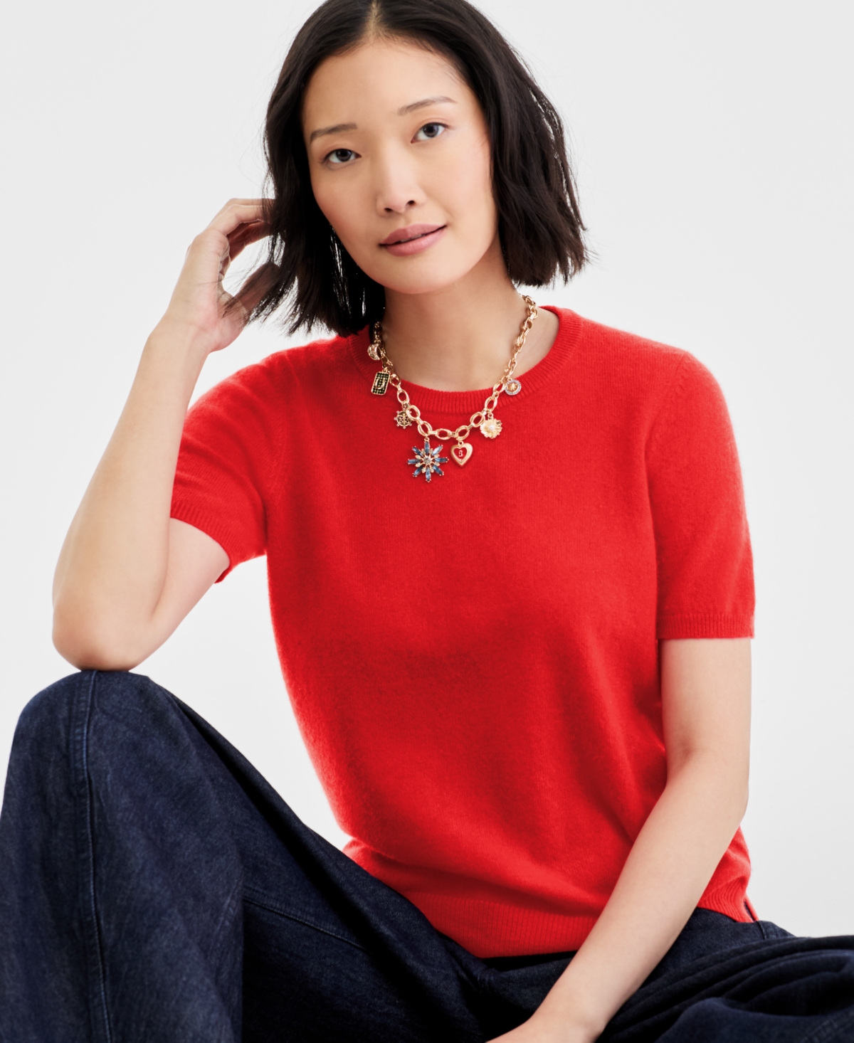 Charter Club Women's 100% Cashmere Crewneck Short-sleeve Sweater, Macy's Exclusive In Red