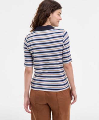 Women's Striped Ribbed-Knit Collared Henley Top