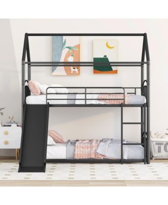 Twin Over Twin Metal Bunk Bed With Slide, Kids House Bed