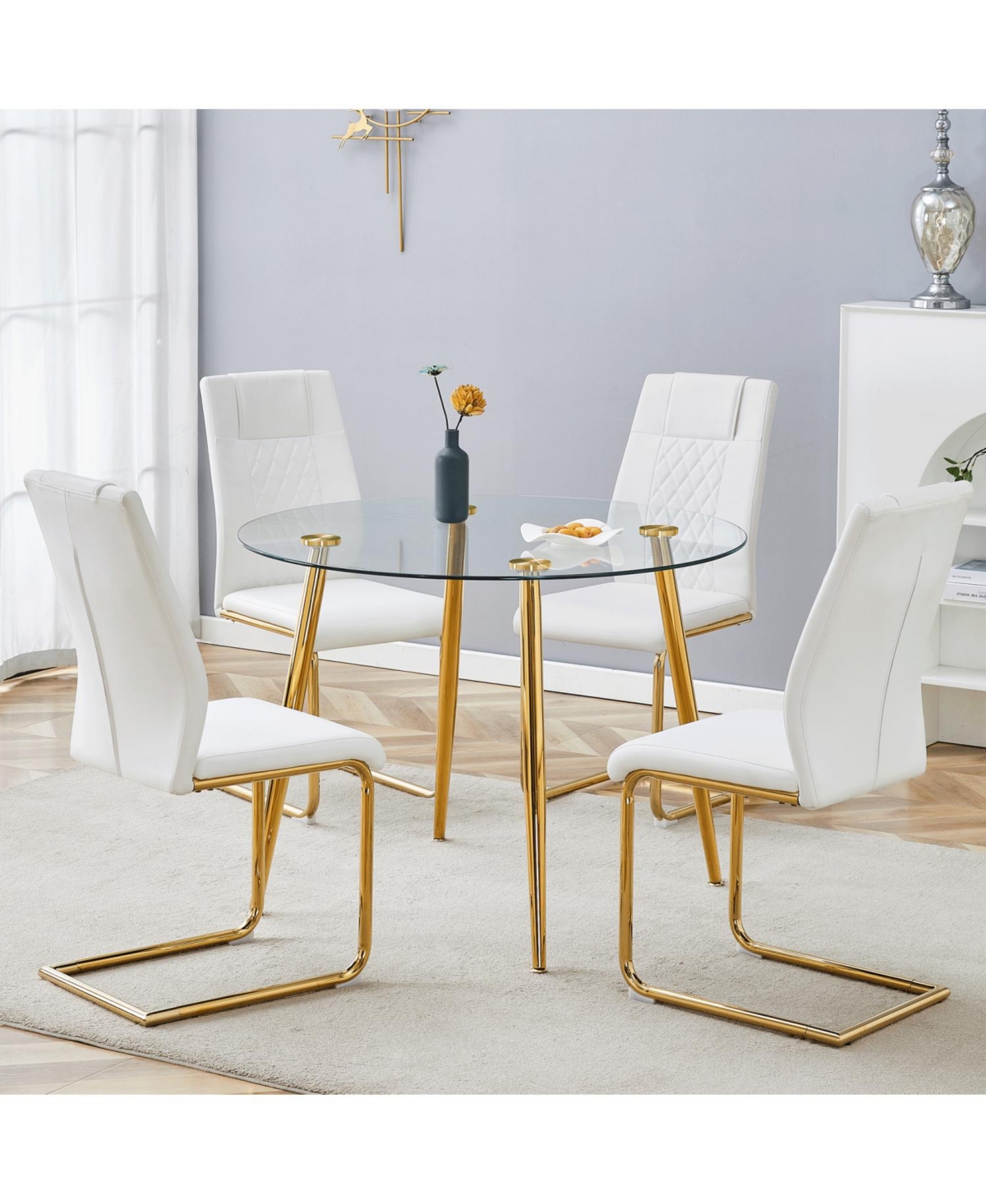 Streamdale Glass Table & 4 Leather Chairs - Modern Gold Accent