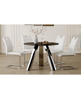 Streamdale Round Stainless Steel Table and 4 White Dining Chairs with Silver Metal Legs