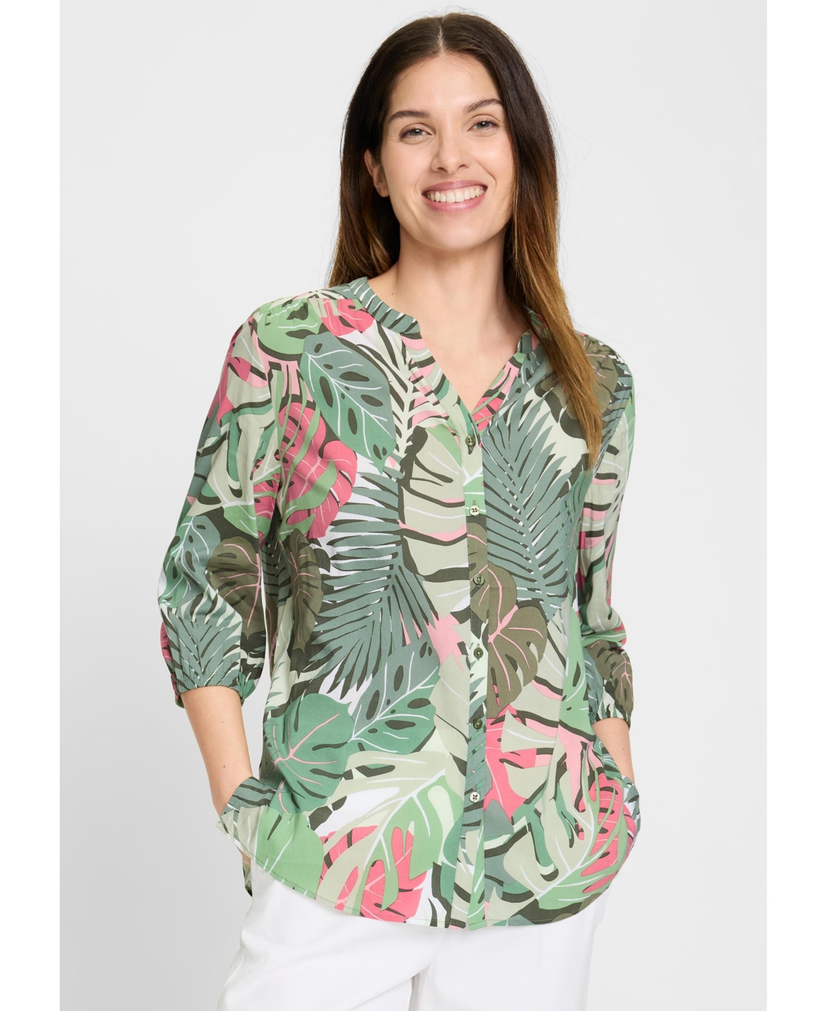 Women's Palm Print Tunic Blouse - Olive