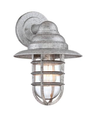 Marlowe 13 1/4" High Farmhouse Rustic Hooded Cage Outdoor Wall Light Fixture Mount Porch House Set of 2 Galvanized