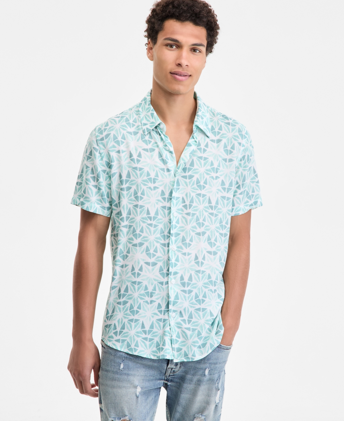 Men's Slim Fit Short Sleeve Printed Button-Front Shirt - Watercolor Burst Petroleum Green