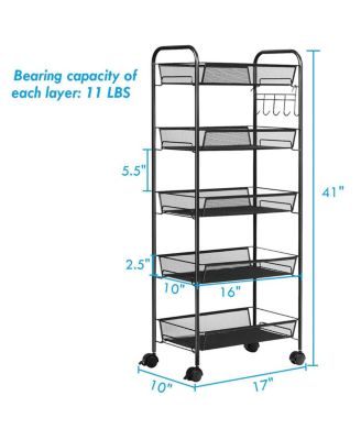 5 Tier Mesh Rolling File Utility Cart Storage Basket-Black