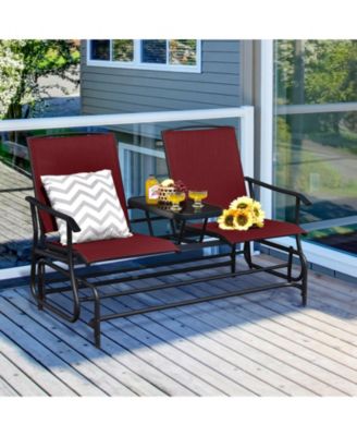 2-Person Double Rocking Loveseat with Mesh Fabric and Center Tempered Glass Table