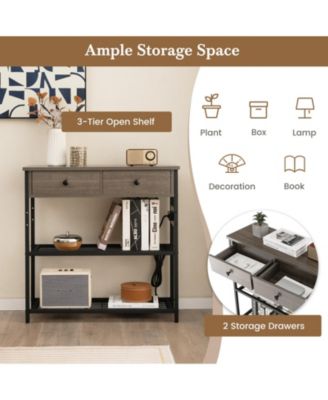 Narrow Console Table with 2 Drawers and 2 Metal Mesh Shelves