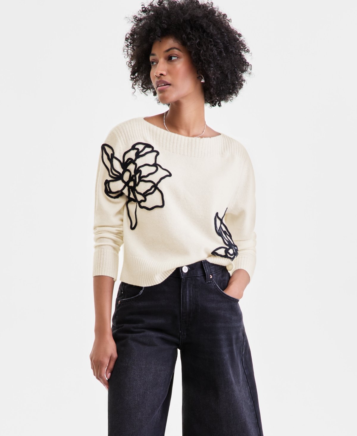 Charter Club Women's 100% Cashmere Boatneck Embroidered Floral Sweater, Macy's Exclusive