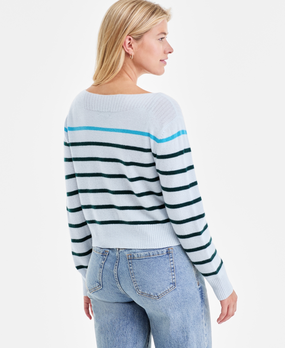 Charter Club Womens 100 Cashmere Pop Stripe Boat Neck Sweater Pxs Xxl Macys Exclusive In Blue