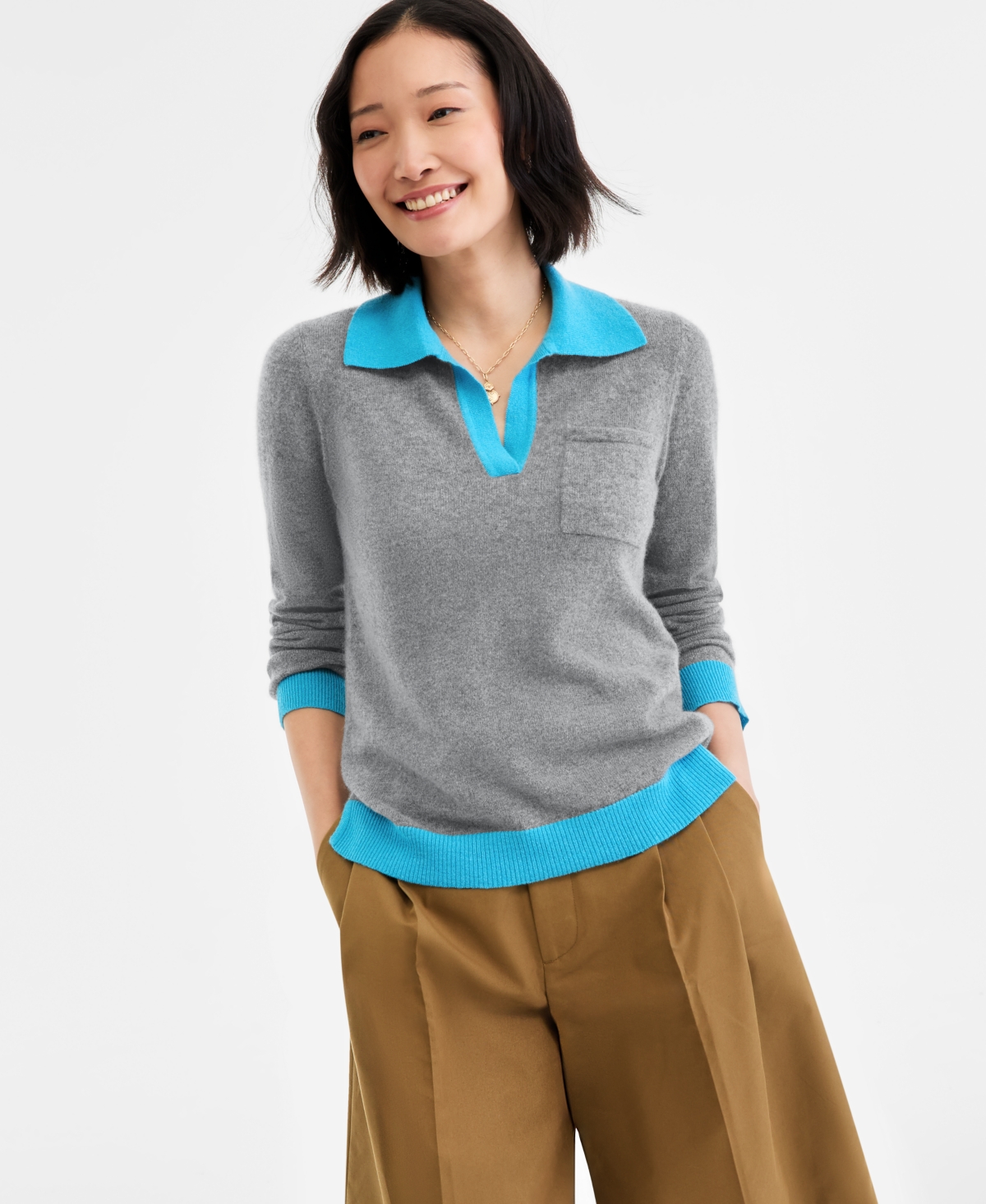 Charter Club Women's 100% Cashmere Colorblocked Collared Sweater, Macy's Exclusive In Gray
