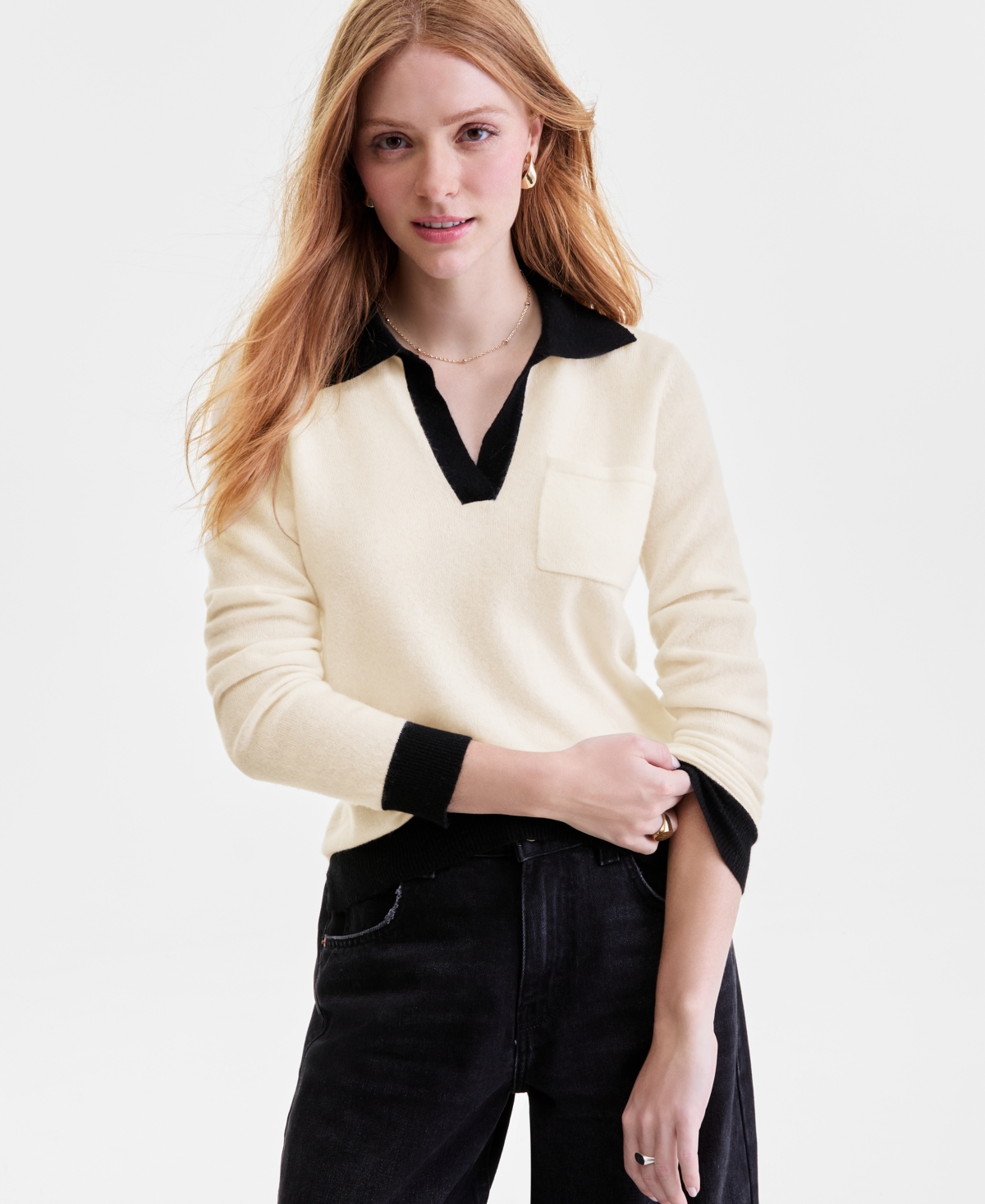 Charter Club Women's 100% Cashmere Colorblocked Collared Sweater, Macy's Exclusive In White