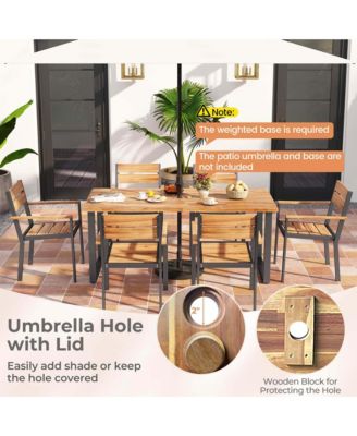 7 PCS Acacia Wood Patio Dining Set 6 Armchairs and 69" Table with 2" Umbrella Hole