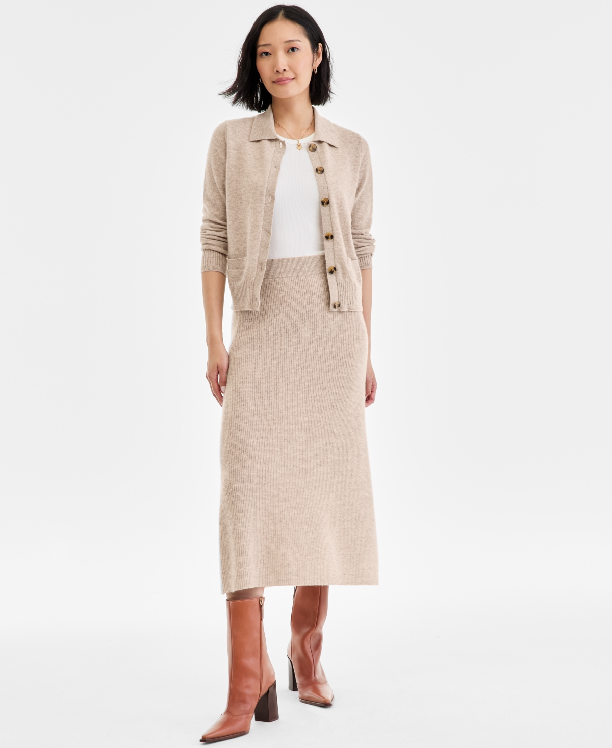 Women's 100% Cashmere A-Line Shaker Midi Skirt, Macy's Exclusive - Pearl Taupe Heather