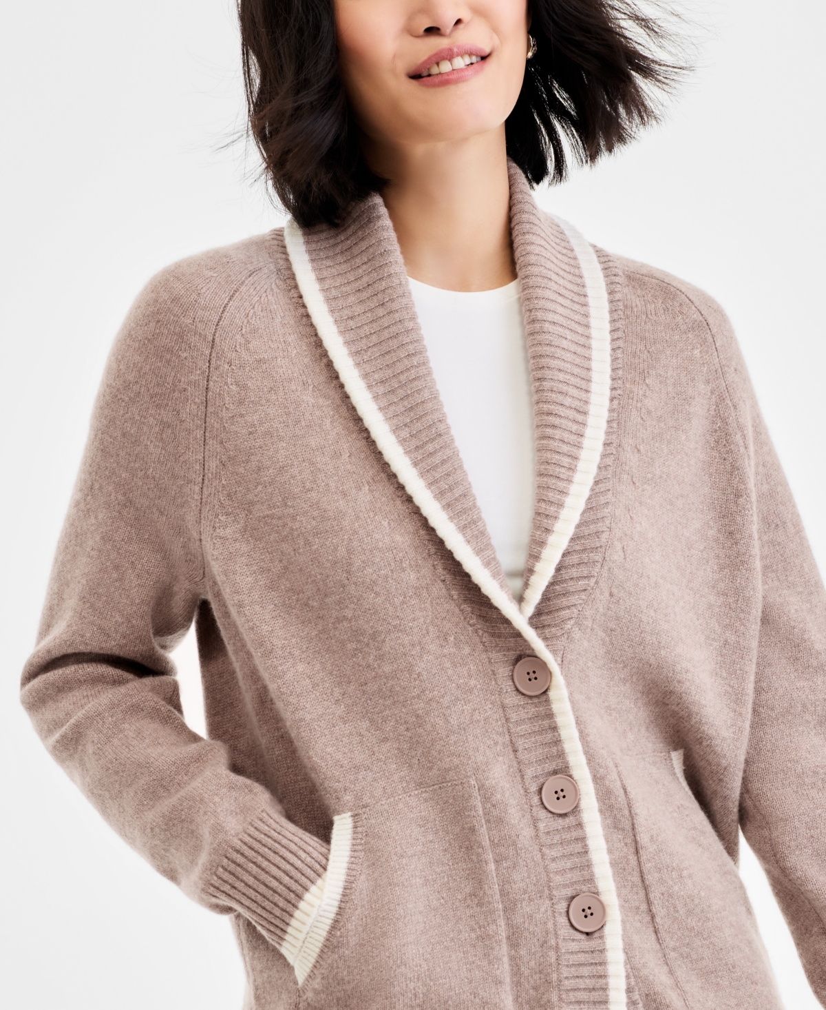 Charter Club Women's 100% Cashmere Tipped Shawl-collar Boyfriend Cardigan, Macy's Exclusive In Pink