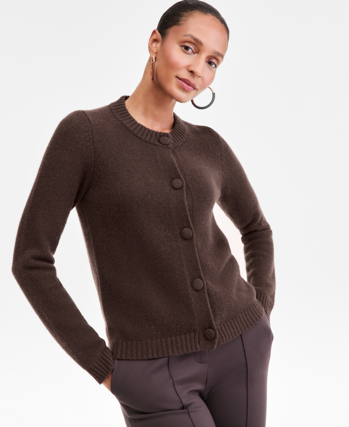 Charter Club Women's 100% Cashmere Chunky Crewneck Cardigan, Macy's Exclusive In Brown