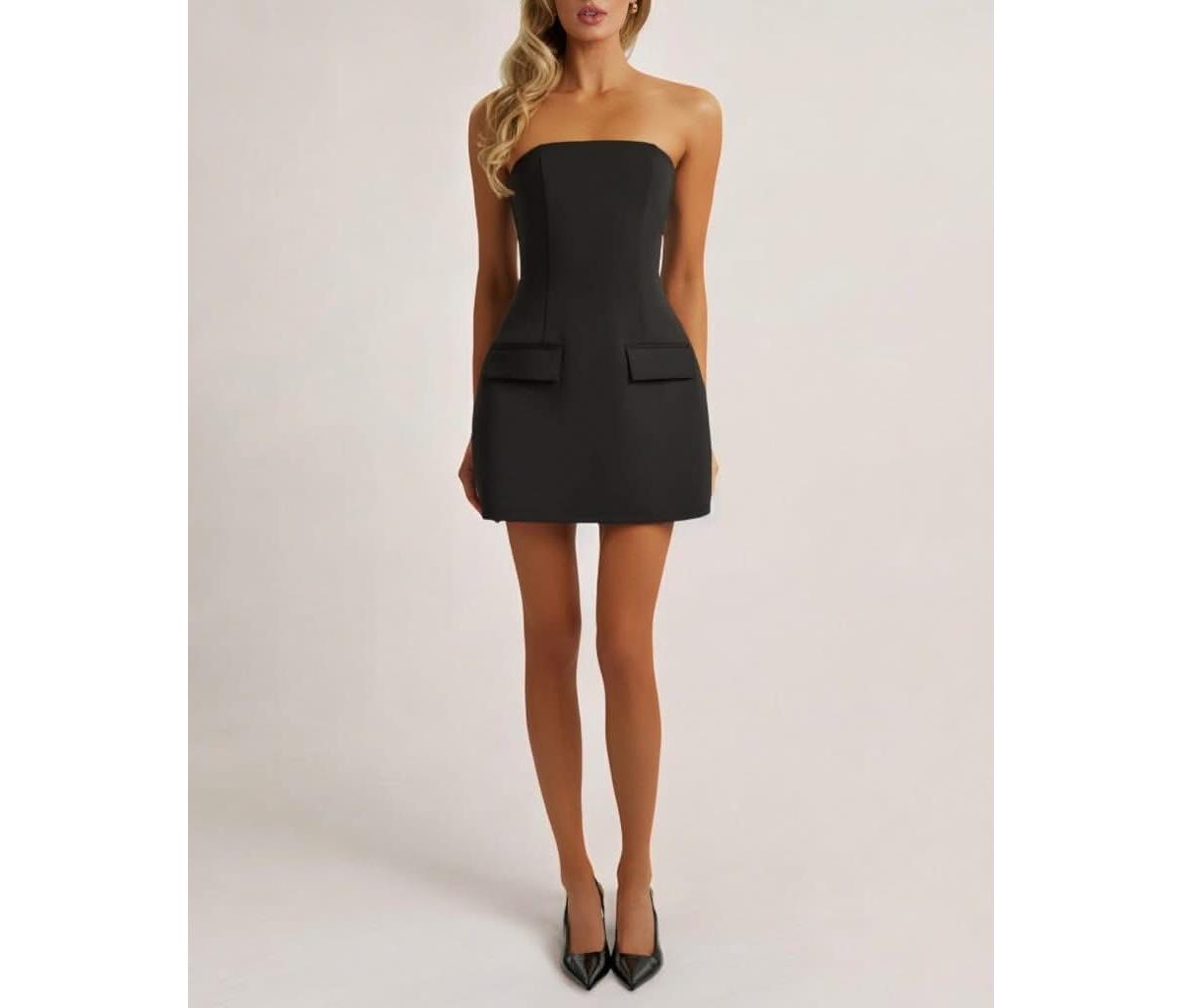 Women's Strapless A Line Pocket Mini Dress - Black