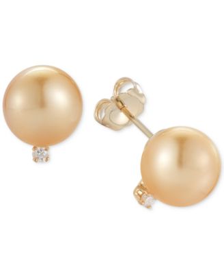 Macy's Cultured Golden South Sea Pearl (9mm) and Diamond Accent Stud ...