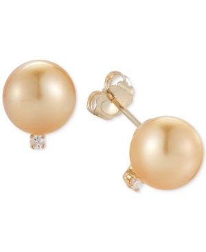 image of Cultured Golden South Sea Pearl (9mm) and Diamond Accent Stud Earrings in 14k Gold