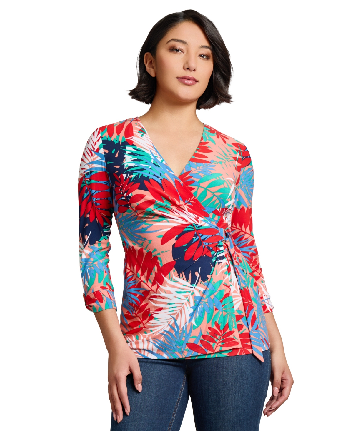 Jones New York Leaf Print Jersey D-ring Wrap Top In Multi