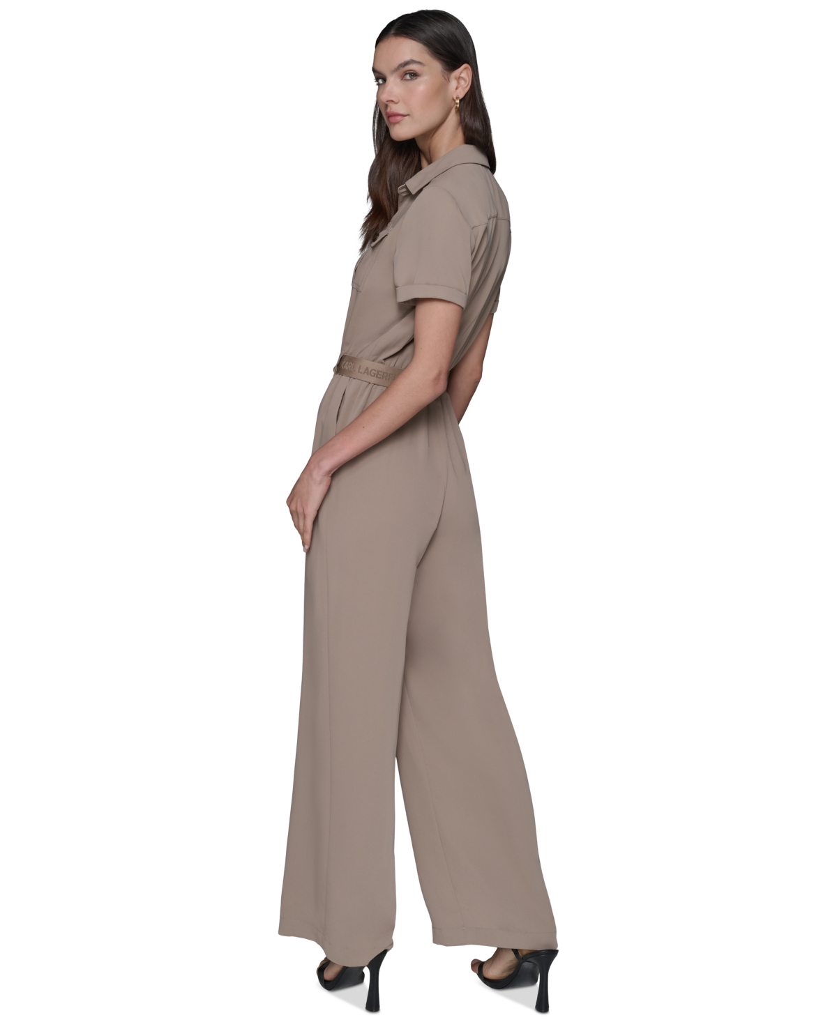 Karl Lagerfeld Women's Button-down Belted Jumpsuit In Neutral