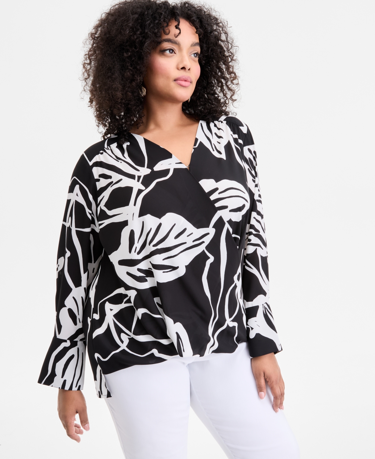 I.n.c. International Concepts Plus Size Printed Surplice-Neck Top, Exclusively at Macy's - SORA LEAF