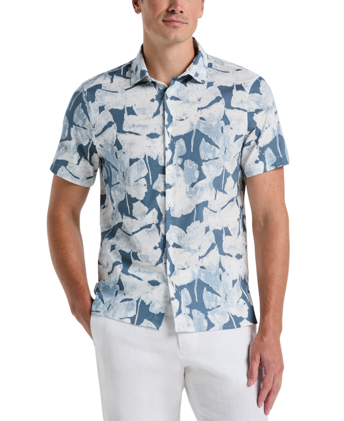 Men's Short Sleeve Leaf Print Button-Front Shirt - Blue Mirage