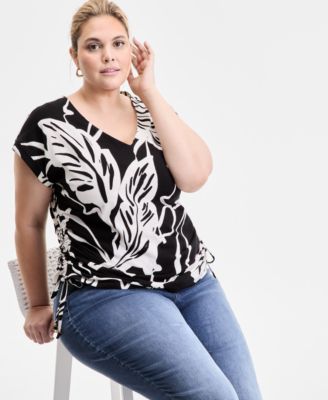 Inc International Concepts Plus Size Printed Side Tie V Neck Top Slim Tech Rolled Cuff Boyfriend Jeans Exclusively At Macys In Black