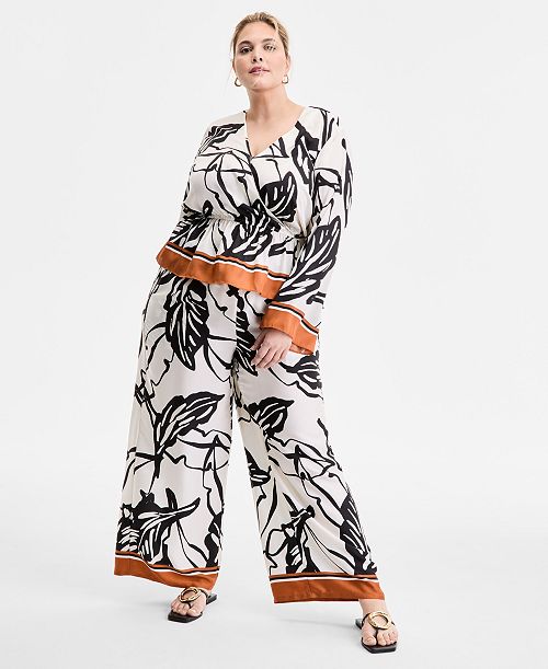 alfani I.N.C. International Concepts Plus Size Printed Volume-Sleeve Peplum Top & Printed High-Rise Wide-Leg Pants Plus Sizes