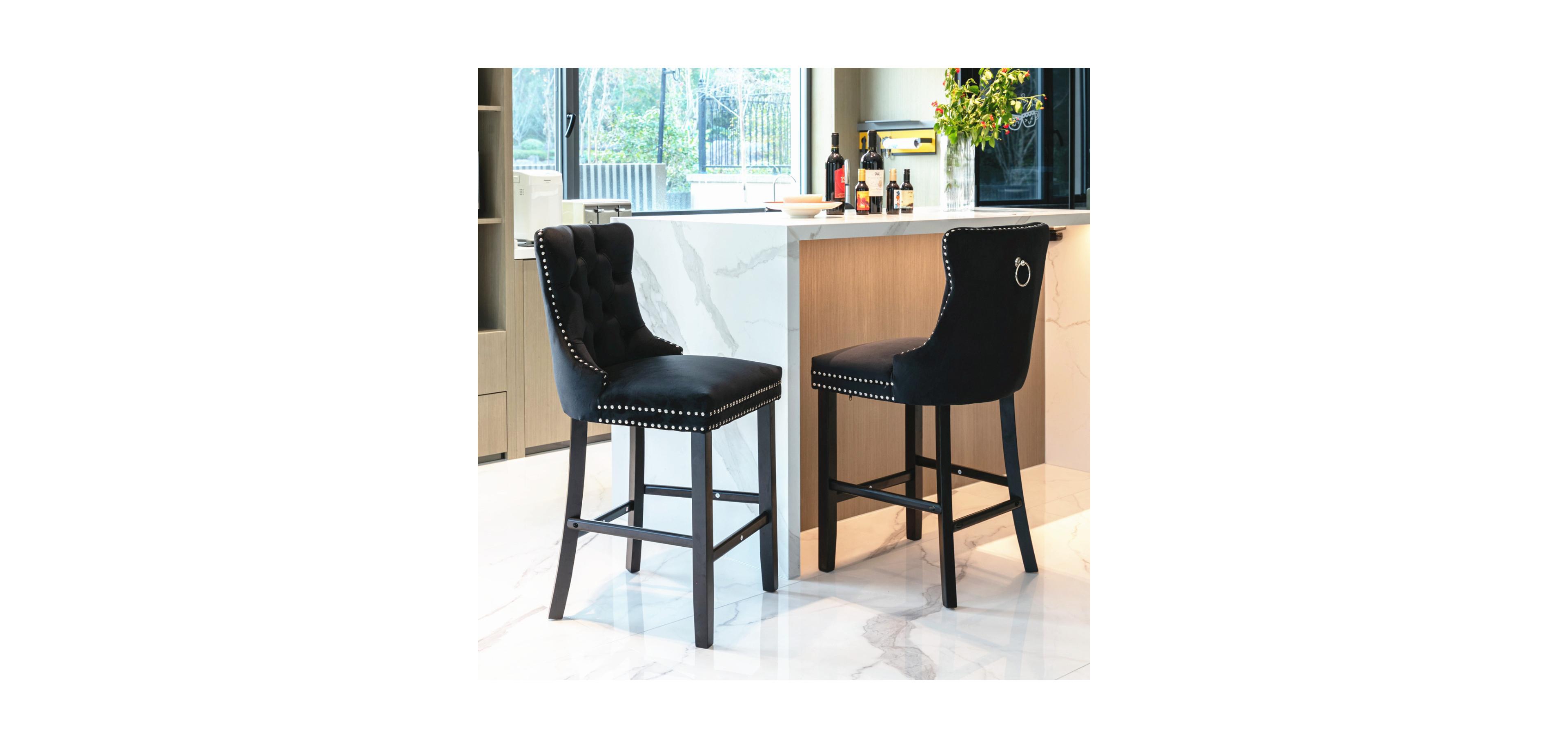 Contemporary Tufted Velvet Barstools with Wooden Legs (Black), Set of 2