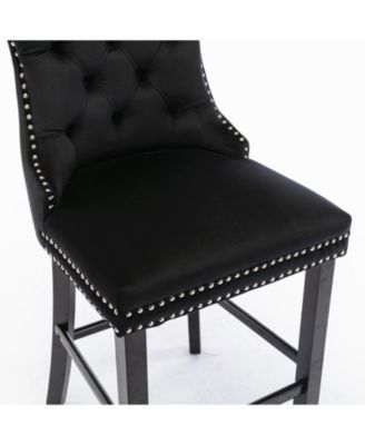 Contemporary Tufted Velvet Barstools with Wooden Legs (Black), Set of 2