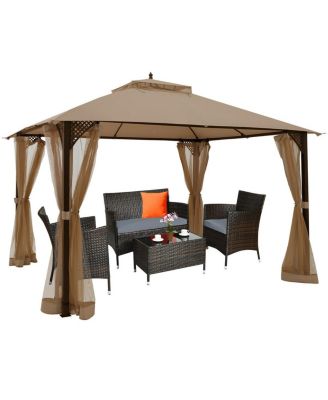 12 x 10 Feet Outdoor Double Top Patio Gazebo with Netting