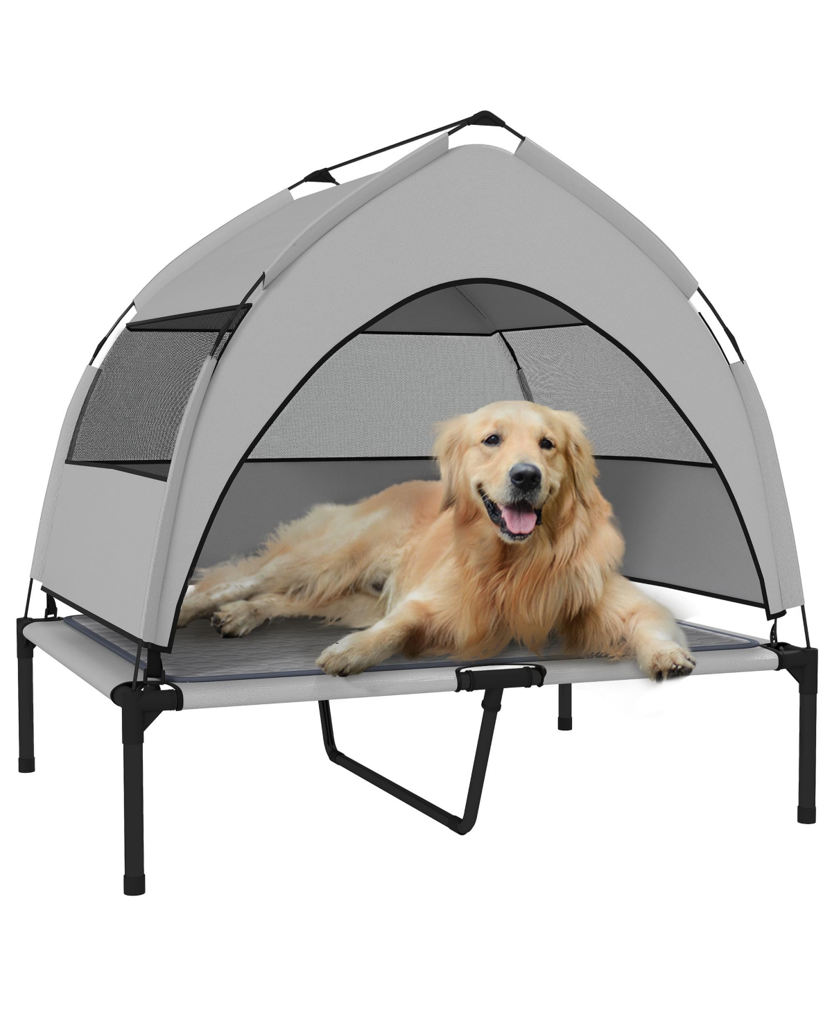 Elevated Dog Bed, Portable Raised Pet Bed with Canopy, Bag, 36&#x22;L - Light gray