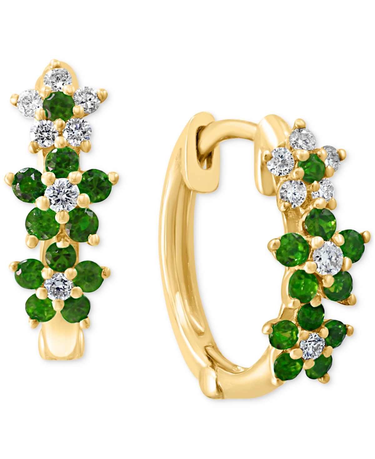 Emerald (1/3 ct. t.w.) & Diamond (1/8 ct. t.w.) Extra-Small Hoop Earrings in 14k Yellow Gold, 0.15" - Emerald