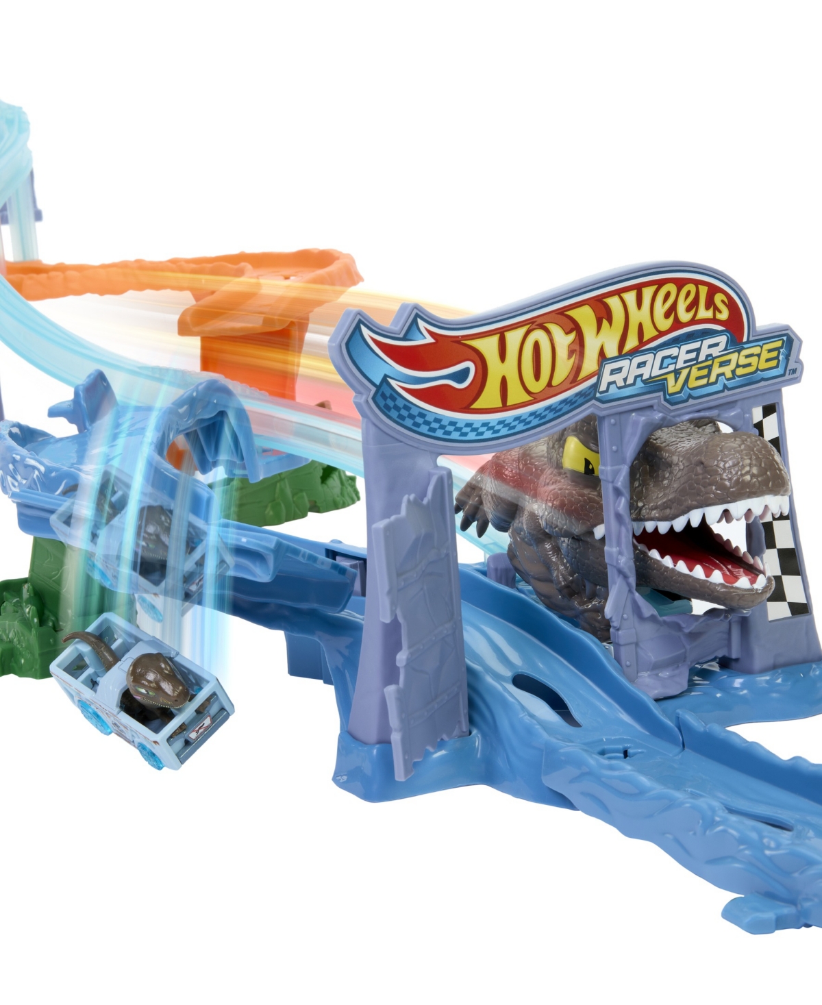 Hot Wheels Racerverse Jurassic World Crash & Splash Track Set & Die-cast Dinosaur Toy Car In Multi