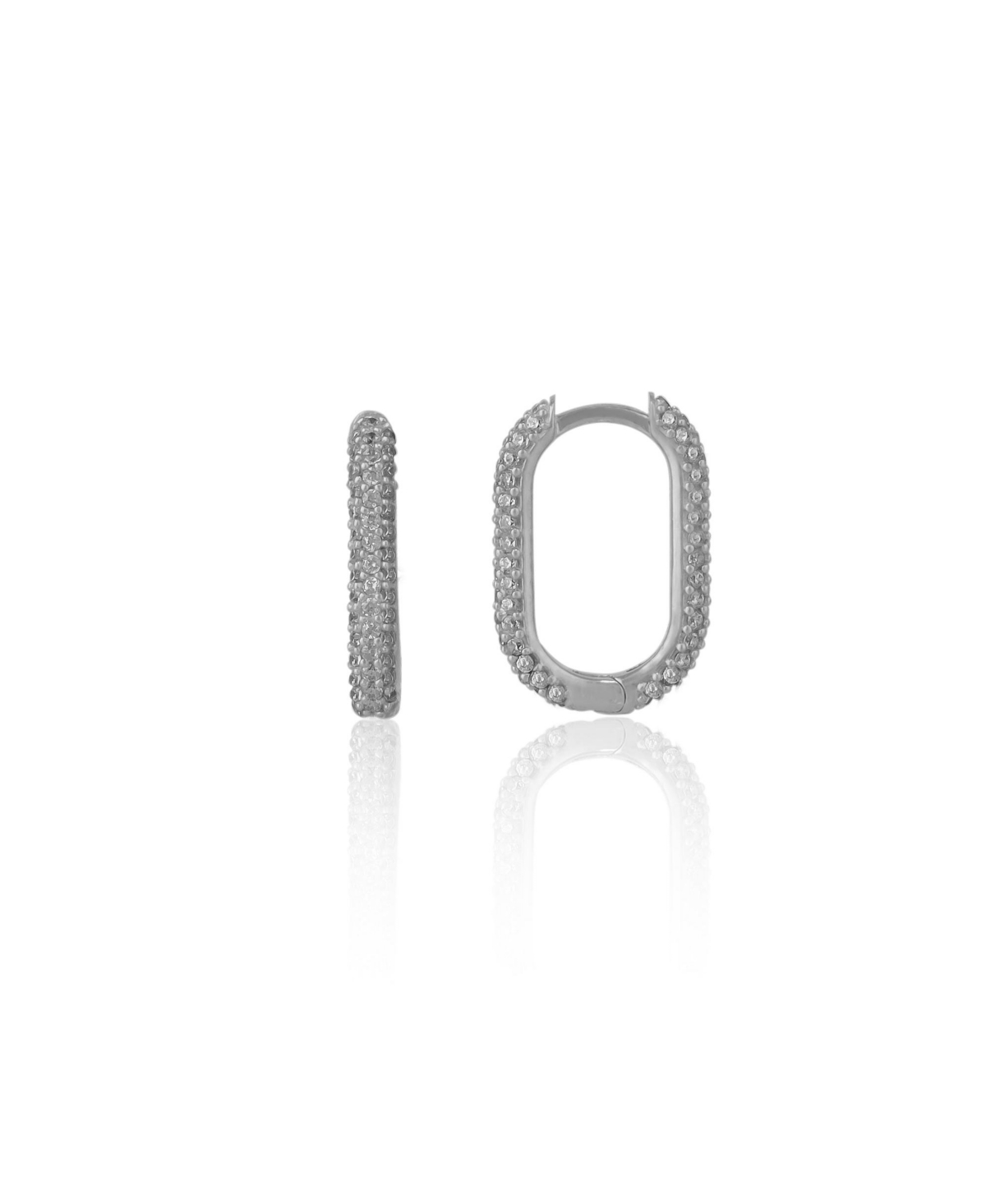 Pave Rectangular Sterling Silver Oval Hoop Earring - Silver