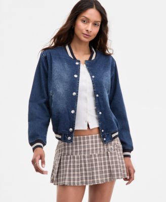 Madden Girl - Juniors' Denim Varsity Bomber Jacket