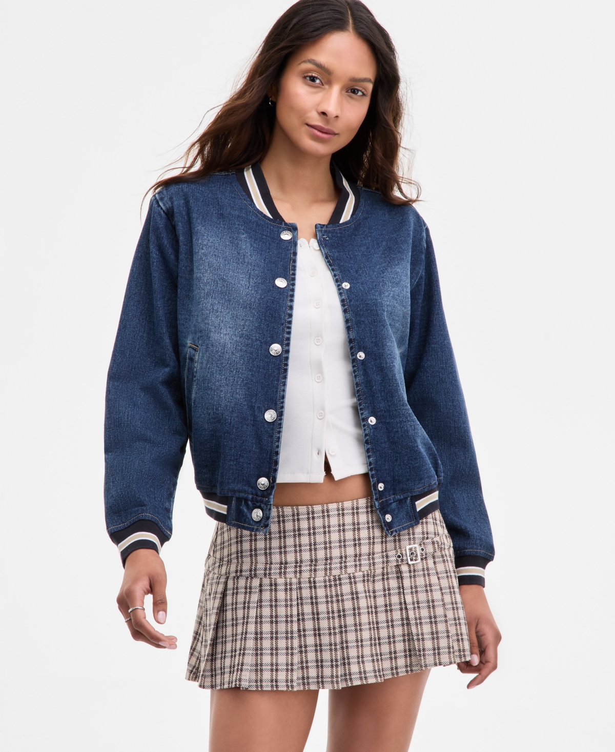 Juniors' Denim Varsity Bomber Jacket - Dark Wash