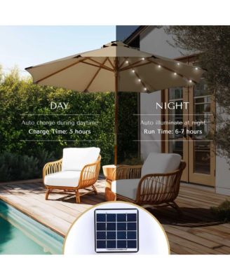 Boho 32 LED 9Ft Wood Market Patio Umbrella with Solar Lights for Bar Hotel Resort Alfresco Dining Rooftop Restauran Mocha