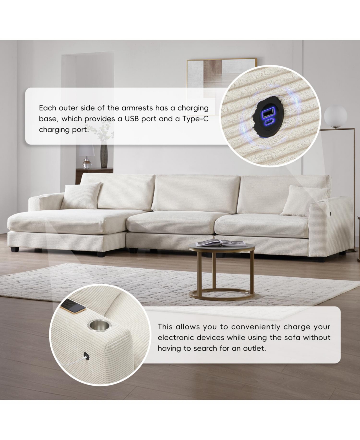 Streamdale Oversized Corduroy Sectional Sofa with Usb Charging & Cup Holders