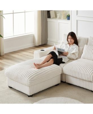 Streamdale 126" Corduroy L-Shaped Sofa w/ Cup Holder, USB, Pillows & Ottoman